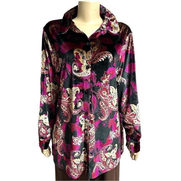 Vintage Y2K Denim & Co Floral Paisley Button Up Velvet Top Size 1X Whimigoth - Picture 1 of 10
